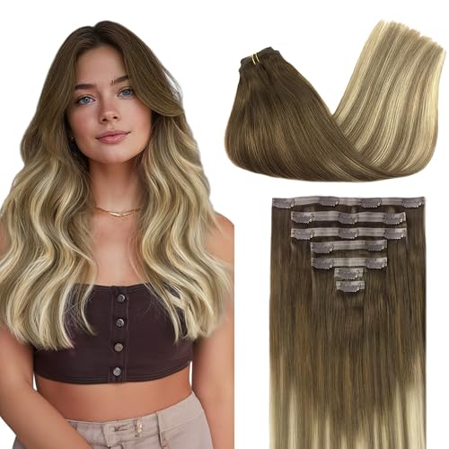 GOO GOO Clip in Hair Extensions Real Human Hair, Remy Human Hair Extensions Clip ins for Women, Natural Human Hair, 16inch 110g 7Pcs, 3/8/613 Balayage Walnut Brown to Ash Brown and Bleach Blonde