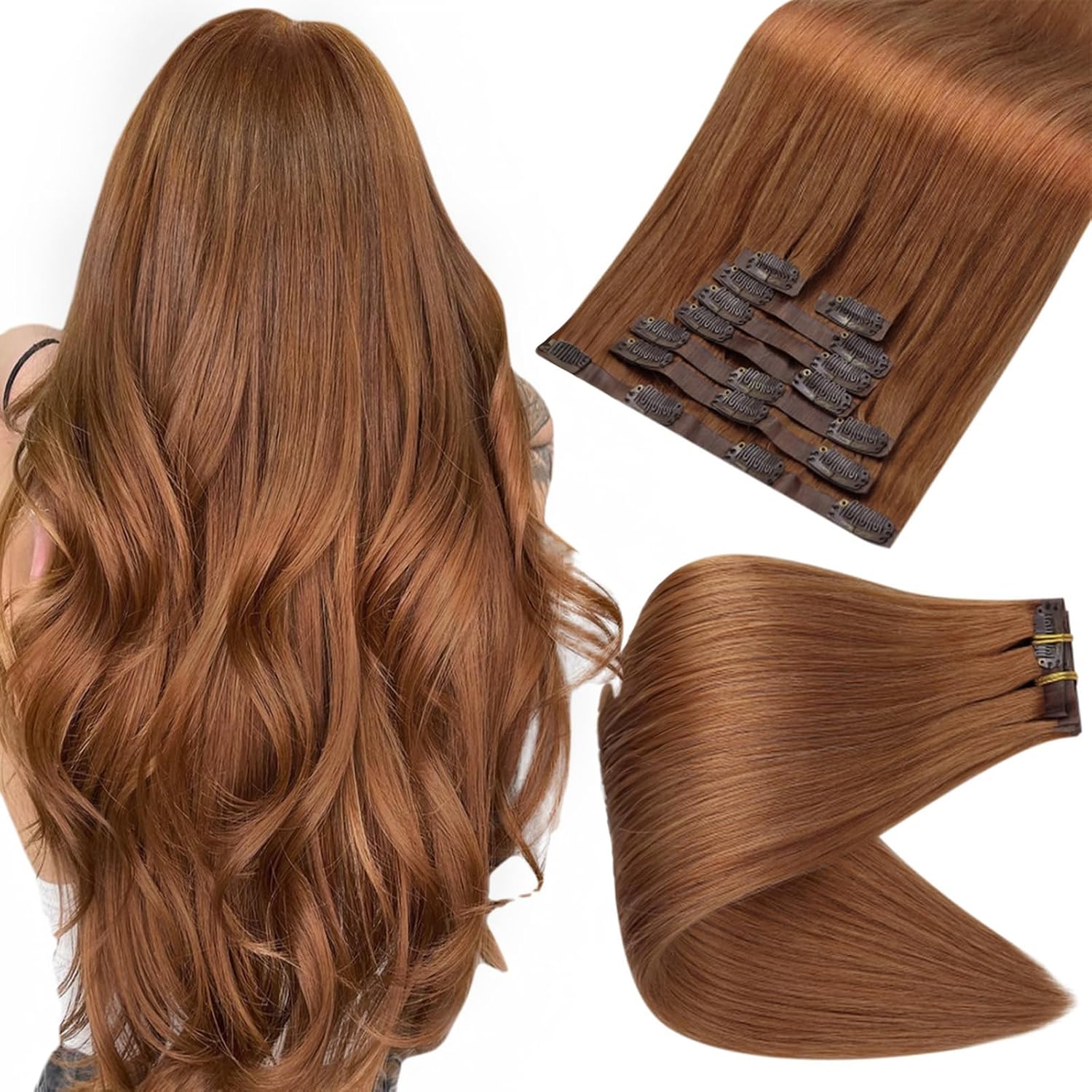 Full Shine Clip in Hair Extensions Copper Human Hair 18 Inch Clip in Real Hair Copper Red Human Hair Clip ins Extensions Auburn Brown Natural Ends 120 Grams 8 PCS