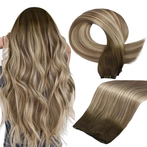 Full Shine Genius Weft Hair Extensions Hand Tied Hair Extensions 60G Human Hair Weft Extensions Sew In Color Balayage Brown To Light Blonde Mix Brown Weave Bundles 24 Inch