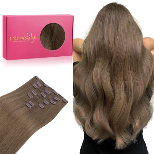 WENNALIFE Clip in Hair Extensions Real Human Hair, 14 Inch 120g 7pcs Remy Hair, Light Ash Brown Straight Natural Coloured Extensiones De Cabello Humano Con Clip Ins