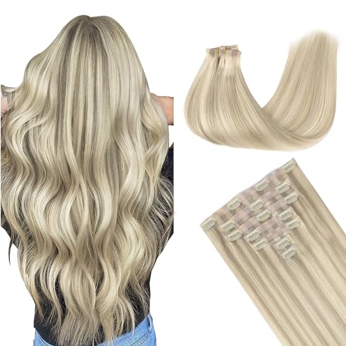 GOO GOO Clip in Hair Extensions Real Human Hair, Remy Human Hair Extensions Clip ins for Women, Natural Human Hair, 16inch 130g 7Pcs, 17A/60A Ash Blonde Highlighted Platinum Blonde