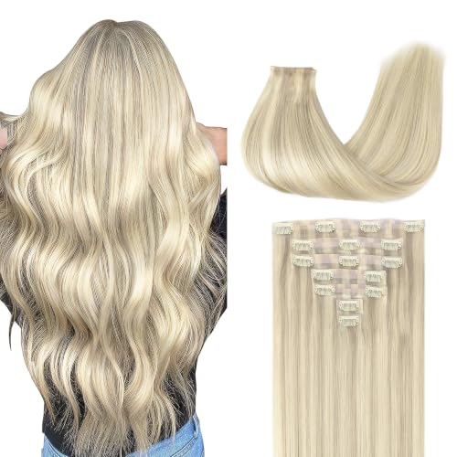 GOO GOO Clip in Hair Extensions Real Human Hair, Remy Human Hair Extensions Clip ins for Women, Natural Human Hair, 20inch 110g 7Pcs, 17A/60A Ash Blonde Highlighted Platinum Blonde
