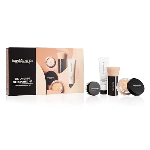 bareMinerals Original Get Started Kit Mini, 4 Piece Mineral Makeup Includes Original Loose Foundation, Face Primer, Setting Powder, Brush, Must-Have Kit, Travel Size, Vegan