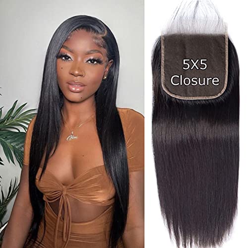 5x5 Lace Closure Hd Transparent Straight Frontal Closure 12A Virgin Remy Human Hair Closure Real Hd Transparent Lace Closure Pre Plucked With Baby Hair Natural Black Color(16inch)