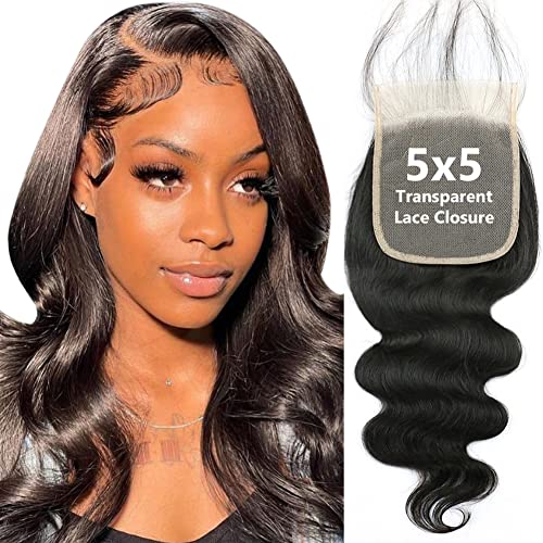 5x5 Transparent HD Lace Closure Only Body Wave Hair Closure 12A Brazilian Virgin Remy Human Hair Frontal Closure 100% Human Hair Extensions Pre Plucked Natural Black 12 Inch