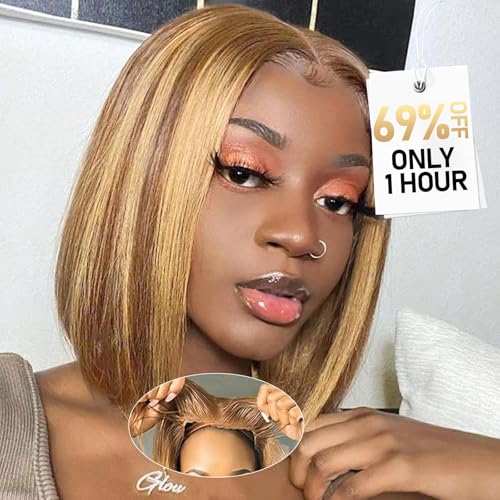 Wear and Go Glueless Bob Wig Human Hair 200% Density 5x5 HD Lace Closure Wigs For Black Women Glueless 5x5 Closure Wigs Human Hair Pre Plucked Bob Highlight Color 12 Inch