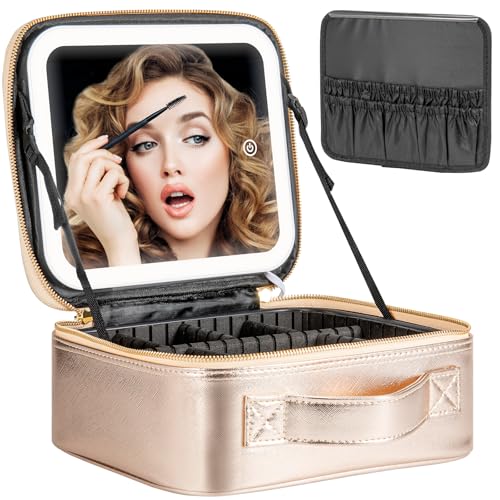Makeup Travel Train Case with Mirror LED Light 3 Adjustable Brightness Large Cosmetic Bag Portable Storage Adjustable Partition Waterproof Make up Brushes Makeup Jewelry Gift for Women