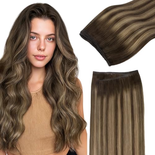 GOO GOO Sew in Hair Extensions Real Human Hair, Weft Hair Extensions Human Hair, 4/27/4 Balayage Chocolate Brown to Caramel Blonde 20inch 105g, Weft Bundles Straight Silky Remy Hair