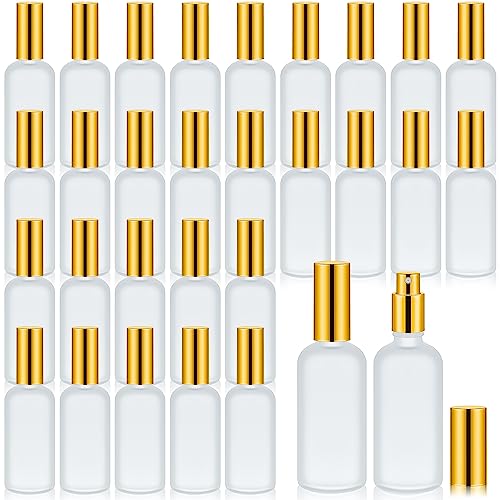 Roshtia 30 Pcs 3.4 oz/ 100 ml Gold Glass Spray Bottle Refillable Perfume Atomizer Clear Decorative Empty Bottles with Fine Mist Sprayer Pump for Face Body Travel