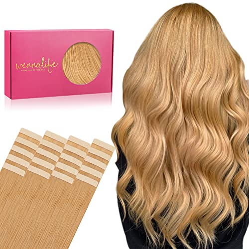 WENNALIFE Tape in Hair Extensions Human Hair, 20pcs 50g 18 inch Strawberry Blonde Remy Hair Extensions Straight Human Hair Tape in Extensions Skin Weft Tape Extensions Human Hair