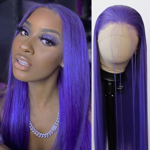 BTWTRY Purple Synthetic Lace Front Wig Long Straight Dark Purple Lace Front Synthetic Wig Pre Plucked Natural Hairline Glueless Heat Resistant Fiber Hair Wig for Fashion Women (Purple)