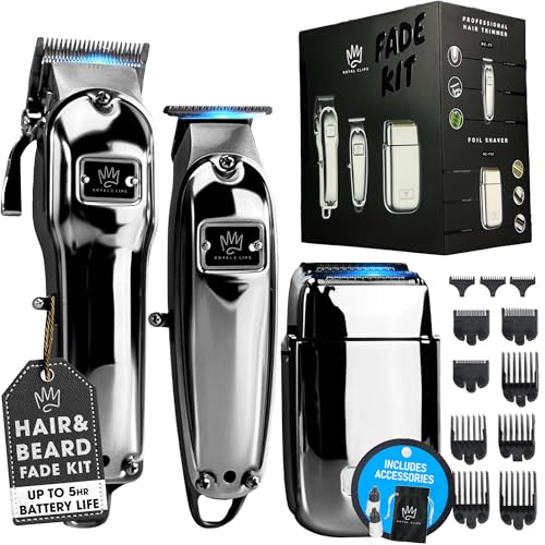 Royal Clips Hair and Beard Fade Kit  Professional Clipper, Trimmer & Foil Shaver Bundle for Men, Complete Haircut Set for Barbers, Home Use & Grooming  5-Hour Battery, 10pcs Limit Combs, Silver