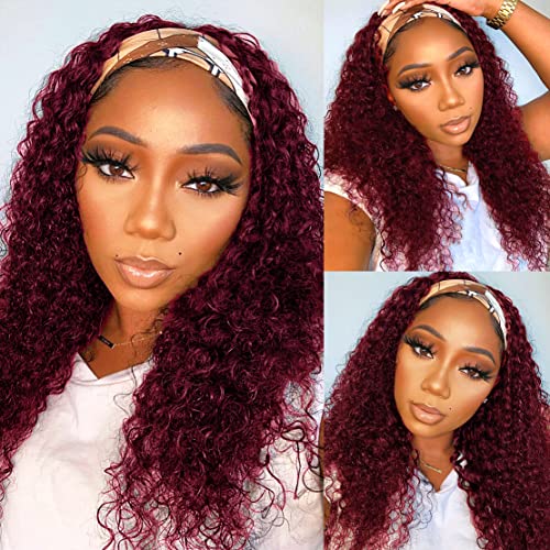 Red Burgundy Headband Wigs Human Hair Deep Wave 18 Inch None Lace Front Wigs Curly Human Hair Headband Wig Glueless Machine Made Deep Wave #99J Headband Wig for Black Women 150% Density...