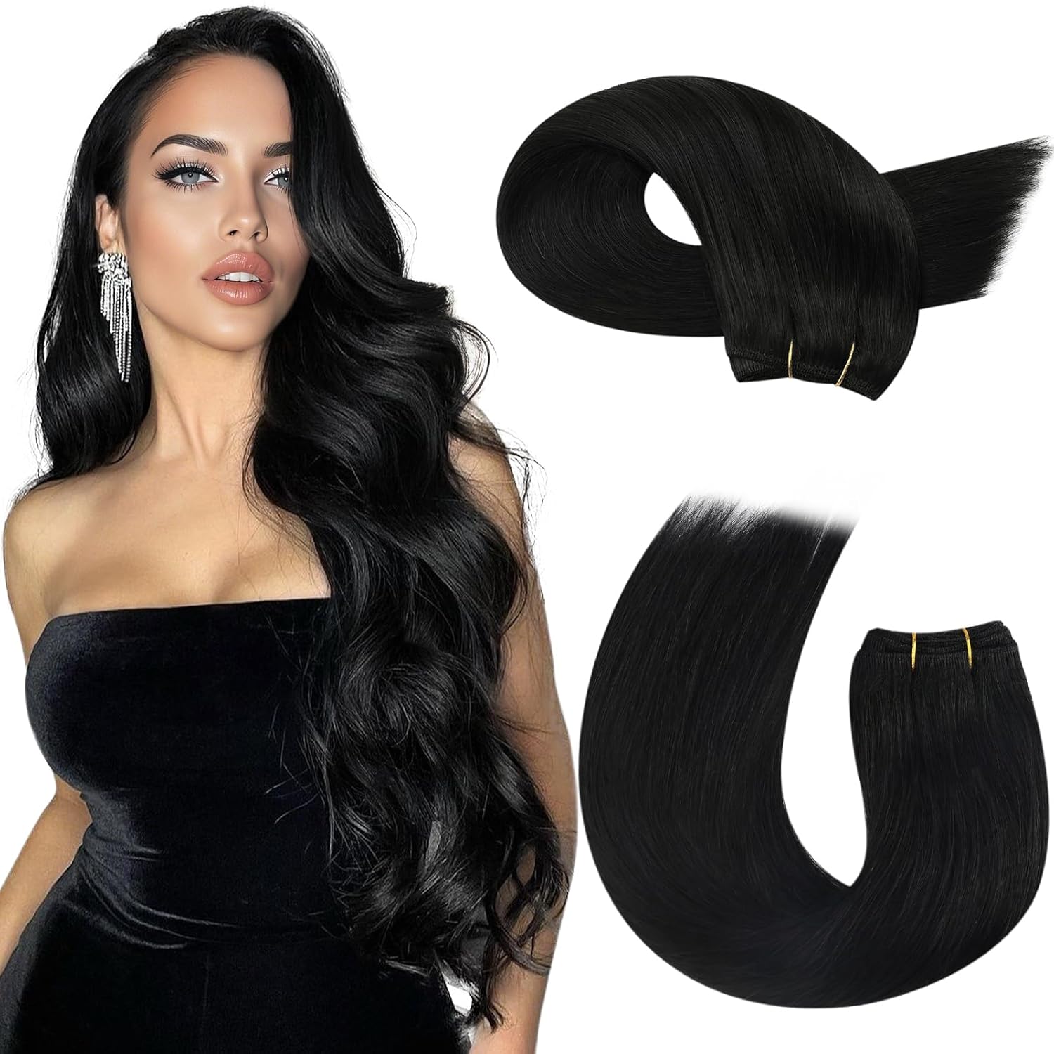 Moresoo Weft Hair Extensions Human Hair Black Sew in Hair Extensions Jet Black Double Weft Extensions Real Human Hair 100G 24Inch