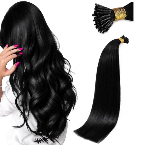 Sunny Hair I Tip Hair Extensions Human Hair 28inch Itip Human Extensions Jet Black Fusion Hair Extensions Heat-Stylable Itip Extensions Invisible Stick Tips Hair Extensions Natural 50g