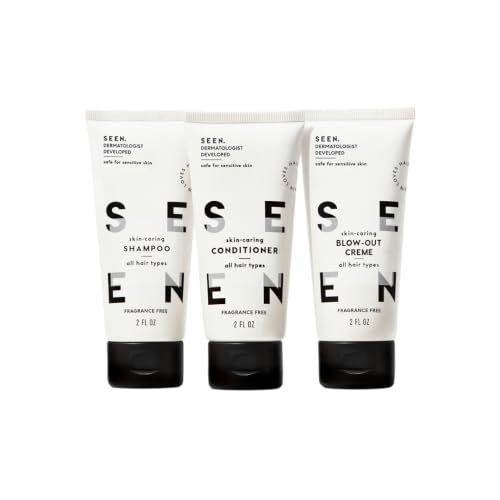 SEEN Travel Trio, Fragrance Free - Non-Comedogenic & Blow-Out Hair Cream, Shampoo & Conditioner Set- Reduces Frizz- Heat Protectant- Safe for Sensitive & Eczema Prone Skin