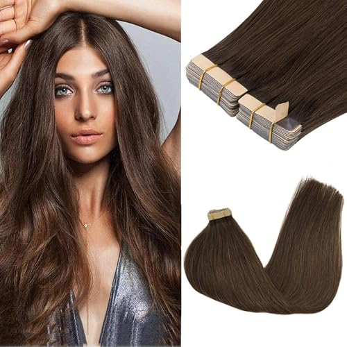 GOO GOO Tape in Hair Extensions Human Hair, 4A Chocolate Brown, 18inch 100g 40pcs, Skin Weft Seamless Invisible, Silky Straight with Thick Ends, Remy Human Hair