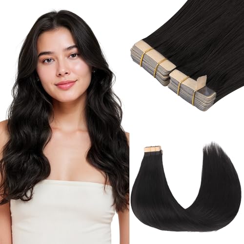 GOO GOO Tape in Hair Extensions Human Hair, 1B Natural black, 16inch 100g 40pcs, Skin Weft Seamless Invisible, Silky Straight with Thick Ends, Remy Human Hair
