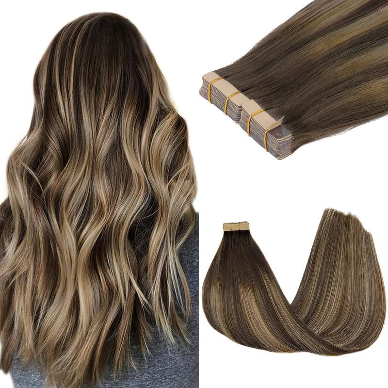 GOO GOO Tape in Hair Extensions Human Hair, 4/26/4 Balayage Chocolate Brown to Honey Blonde, 18inch 100g 40pcs, Skin Weft Seamless Invisible, Silky Straight with Thick Ends, Remy Human Hair