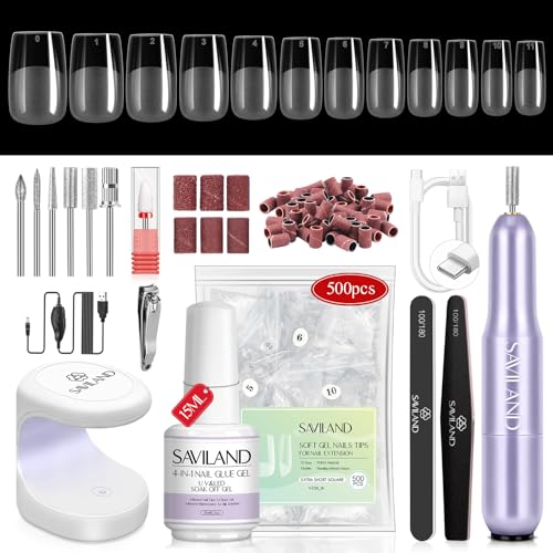SAVILAND Gel Nail X Kit Short Square - Nail Drill Kit 500 PCS Natural False Nail Tips For Press On U V Nail Glue with Lamp Manicure Tools for Nail Extension Nail Art For Women At Home Nail Kit DIY