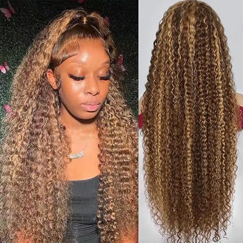 13x6 Highlight Ombre HD Lace Front Wig Human Hair 4/27 13x6 Deep Wave Lace Frontal Wig for Women 180% Denstiy Virgin Human Hair Honey Blonde Glueless Curly Wig Pre Plucked 22inch