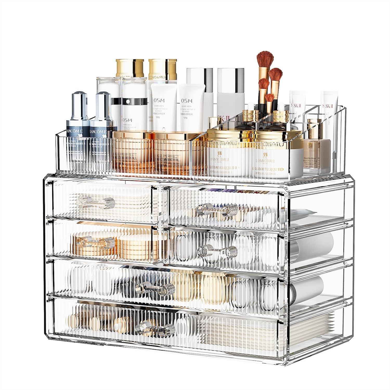 ZHIAI Stackable Storage Drawers, Acrylic Bathroom Counter Organizer Clear Makeup Organizers for Vanity, Kitchen Cabinets, Bathroom, Undersink, Home Organization and Storage (1 Top 6 Drawers)