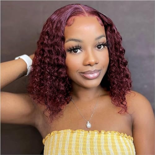 Hihmarm 99j Burgundy Curly Wig Human Hair Deep Wave 13x4 HD Lace Front Wigs Human Hair Pre Plucked Red Short Curly Bob Wig Glueless Wig Bob Wigs For Black Women 180% Density 12 Inch