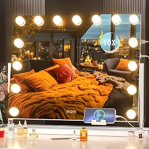 Hasipu Vanity Mirror with Lights, 22" x 18" Hollywood Lighted Makeup Mirror with 15 Dimmable Bulbs, 10X Magnification and USB Charging Port, Smart Touch 3 Colors Dimmable, 360 Rotation (Square)