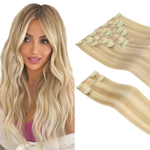 HOTBANANA Clip in Hair Extensions Real Human Hair, 135g 9pcs 18 inch Dirty Blonde Mixed Bleach Blonde Straight Remy Clip in Extensions Full Head for Women