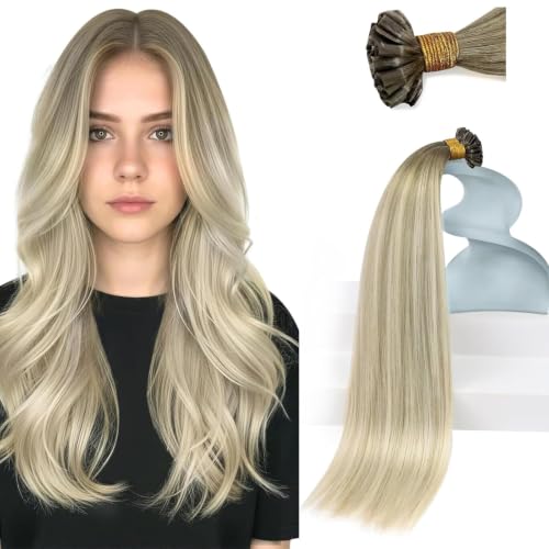 Sunny Hair U Tip Hair Extensions Human Hair Long Straight Hair Extensions Keratin Bonds Ombre Ash Blonde Balayage Platinum Blonde K Tip Hair Extensions for Frequent Styling 22inch 50g