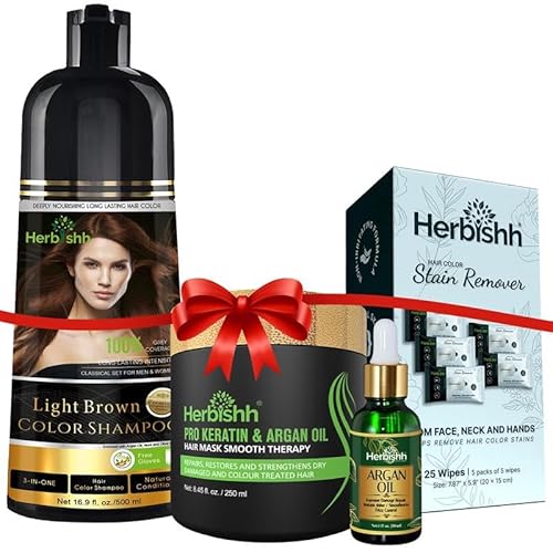 Herbishh 4-in-1 Hair Care Gift Set for Women & Men  Light Brown Hair Dye Shampoo, Stain Remover Wipes, Argan Hair Mask & Hair Oil  Gift for Parents, Christmas, Birthdays & Special Occasions