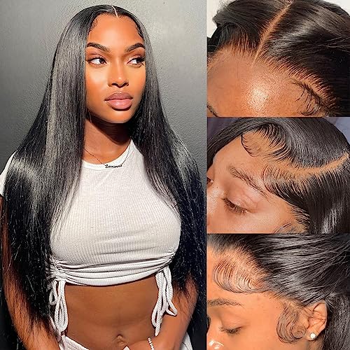 Flady 20 inch Black Straight Lace Front Wigs Human Hair Pre Plucked Bleached Knots 13x4 HD Lace Frontal Wigs Human Hair 180% Density Glueless Wigs Human Hair For Black Women