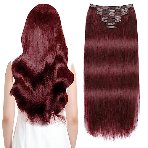 Sisily Clip in Hair Extensions Real Human Hair, 14 inch 130g, Burgundy Red, 100% Brazilian Remy Human Hair Clip in Extensions