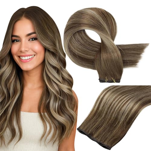 Full Shine Ombre Hair Extensions Real Human Hair Sew In Hand Tied Weft Hair Extensions Human Hair Sew In Hair Extensions Real Human Hair Medium Brown To Honey Blonde Mix Medium Brown 60G 22 Inch