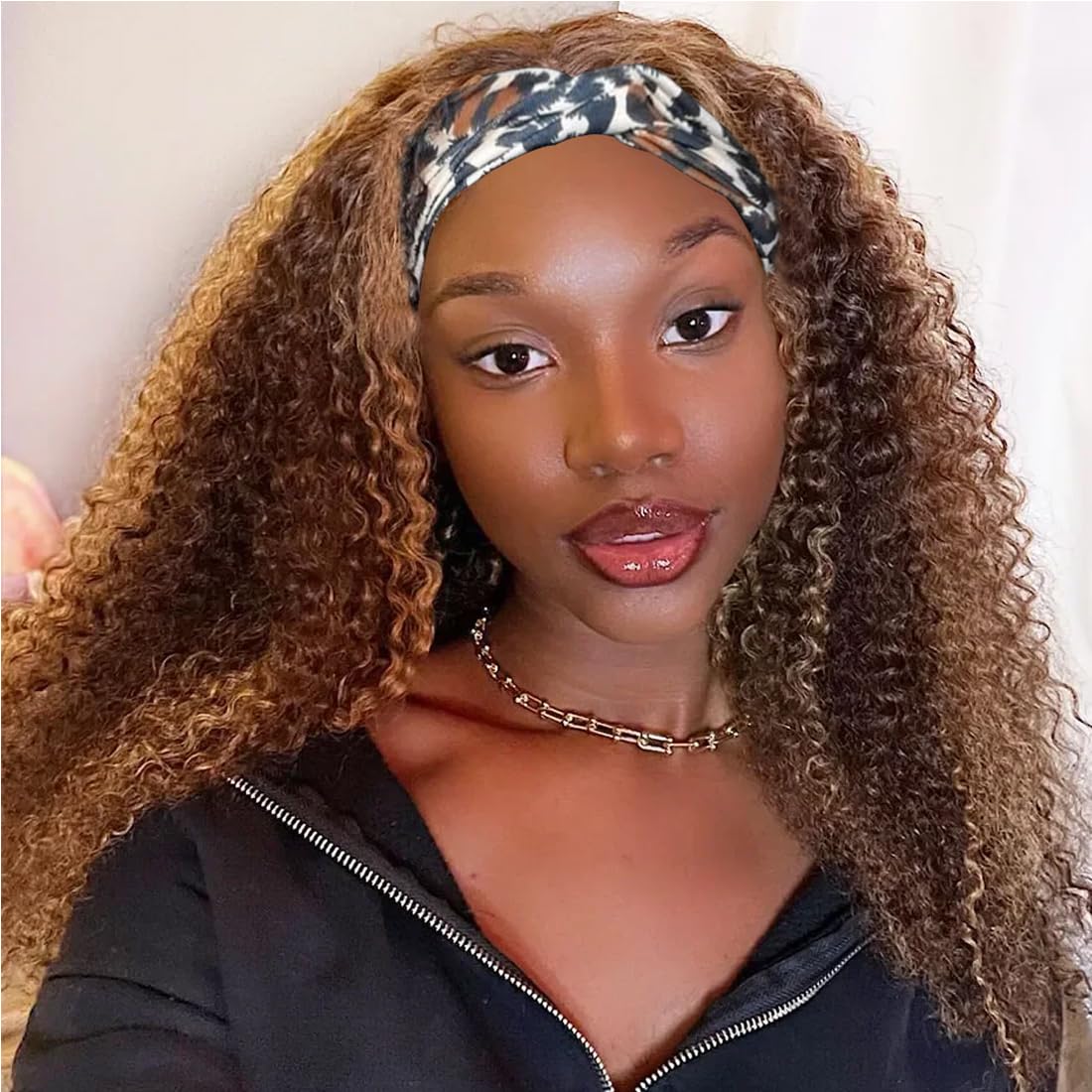 Smoothair Ombre Highlight Headband Wig Human Hair 4/27 Kinky Curly Headband Wig for Black Women 18 Inch None Lace Front Wigs Glueless Wear and Go 150% Density