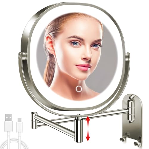 9" Wall Mounted Lighted Makeup Mirror, 3000mAh Rechargeable Double Sided 1X/10X Magnifying Mirror with Hook, 3 Color Lights Dimmable 360 Rotation Vanity Mirror for Bathroom