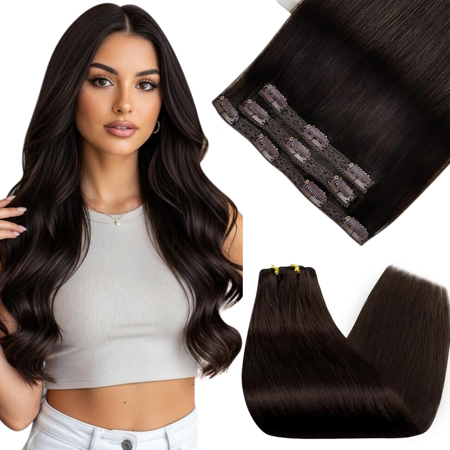 Sunny Hair Clip in Hair Extensions Straight Human Hair Clip in Extensions Remy Clip in Hair Extensions Real Human Hair Extensions Clip ins Dark Brown Natural Hair Color 2 16inch