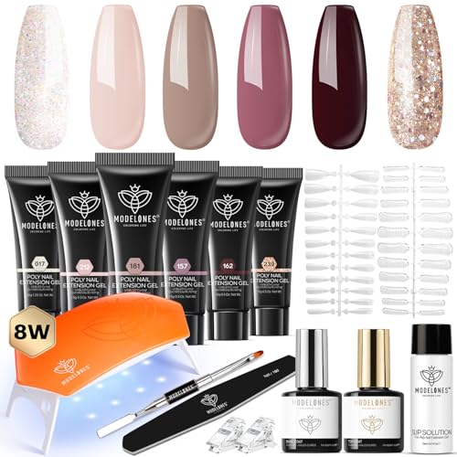 modelones Poly Extension Gel Nail Kit 6 Colors with 8 W Nail Lamp Brown Red Gel Kit Nude Glitter Complete Starter Tools for Beginner DIY at Home for Women