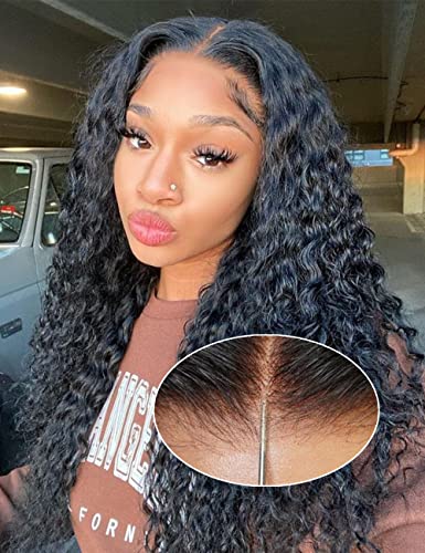 Wear and Go Bye Bye Knots 7x5 Pre Cut HD Lace Deep Wave Glueless wigs Human hair, 3D Dome Cap Glueless Wig Pre Plucked, Lace Pre Cut Glueless Curly Wig Natural black 200% Density 20 Inch