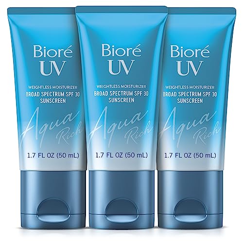 Biore UV Aqua Rich SPF 30 PA+++ Daily Moisturizer Sunscreen for Face, For Sensitive Skin, Oil Free, Hyaluronic Acid, Vegan, Oxybenzone & Octinoxate Free, Dermatologist Tested, 1.7 Oz/3pk