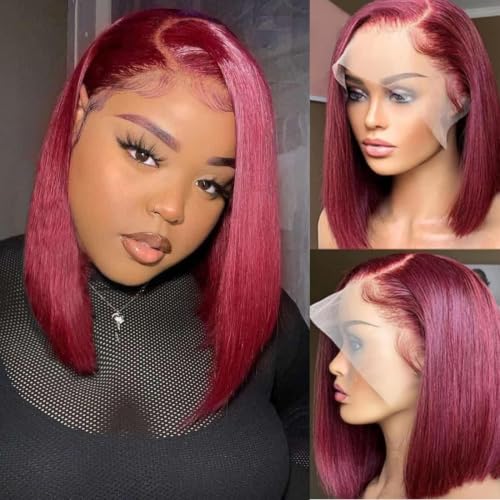 99J Burgundy Lace Frontal Bob Wig Human Hair Pre Plucked 14 Inch Lace Front Bob Wigs Human Hair 13x4 HD Wigs for Women Wine Red Color (14 Inch, Burgundy 99J)