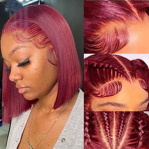 99J Burgundy Lace Front Wigs Human Hair Pre Plucked Red Bob Wig Human Hair 13x4 Frontal Lace Wig HD Transparent Short Wigs for Black Women Wine Red Color (10 Inch, Burgundy 99J)