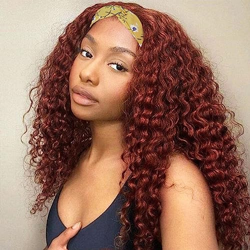 Reddish Brown Deep Wave Headband Wig Human Hair Curly Headband Half Wigs Copper Red Glueless None Lace Front Wig #33 Colored Brazilian Virgin Hair Wigs for Black Women 22Inch