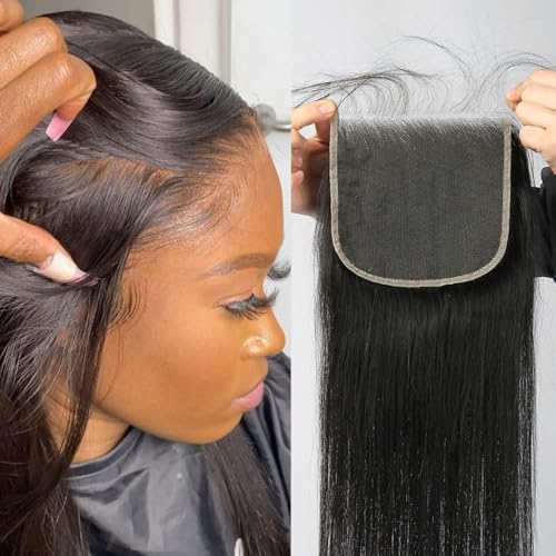 5x5 Lace Closure, Invisible Transparent Swiss HD Lace Closure Pre Plucked with Baby Hair Silk and Soft Straight Brazilian Remy Human Hair Closure Bleached Knots Free Part 20 Inch