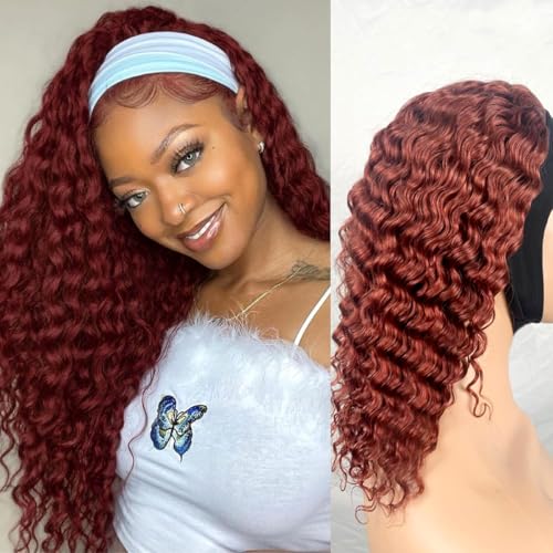 XSY #33B Reddish Brown Headband Wig Human Hair Deep Wave Headband Human Hair Wig Deep Curly None Lace Front Wigs Human Hair 18 inch