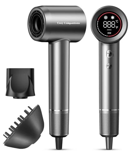 Hair Dryer - Negative Ionic Blow Dryer with 150000 RPM High Speed Brushless Motor for Fast Drying, Low Noise, HD Display Hair Dryer with Diffuser and Nozzle, 5 Temps & 2 Speeds