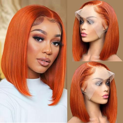 Bob Wig Human Hair 13x4 Frontal Lace Wig Ginger Lace Front Wigs Human Hair Pre Plucked Short Orange Colored Hd Transparent Human Hair Wigs For Black Women (14 Inch, Ginger Orange)