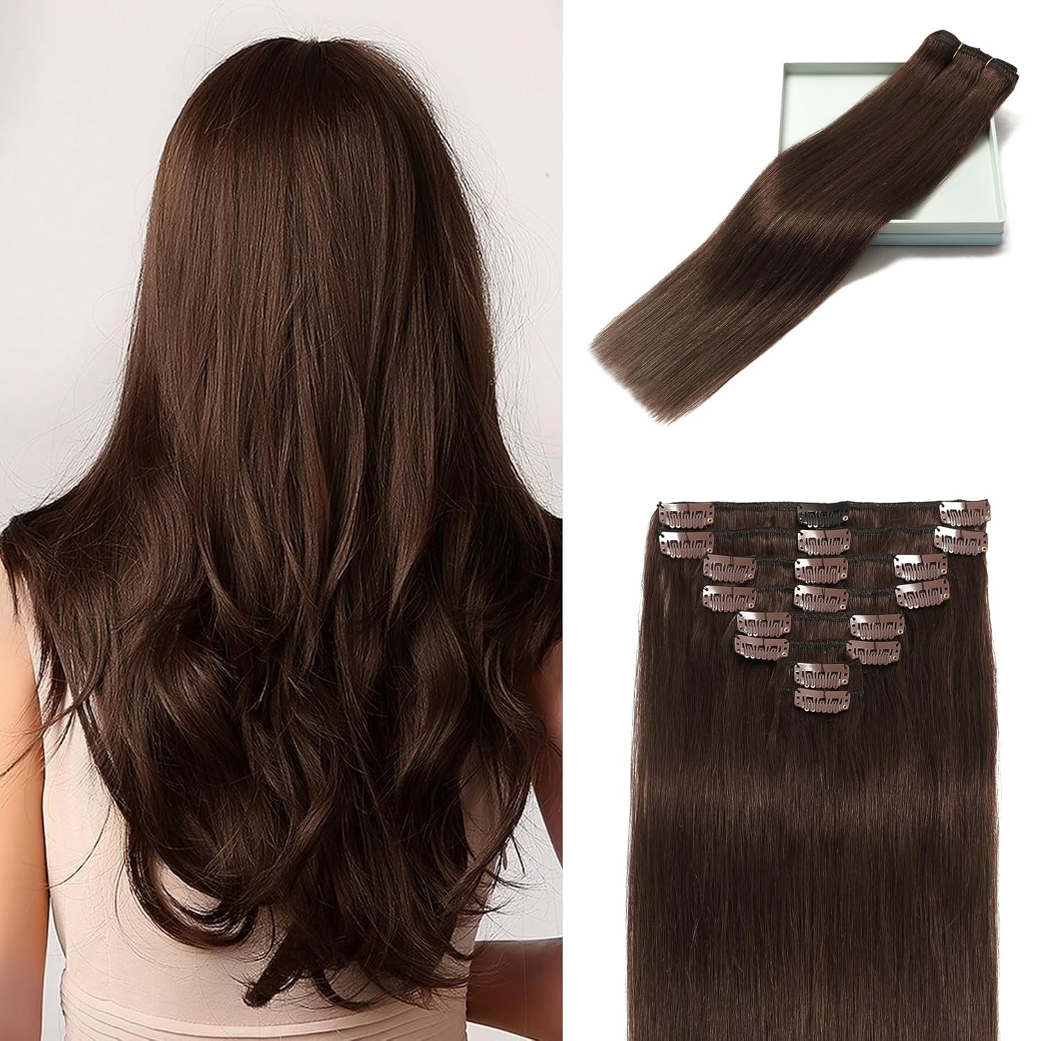 LORIEN Clip in Hair Extensions Real Human Hair, 20 Inch 105g, 4 Dark Brown, Clip in 100% Brazilian Remy Human Hair Extensions 8pcs Per Set with 18 Clips Double Weft