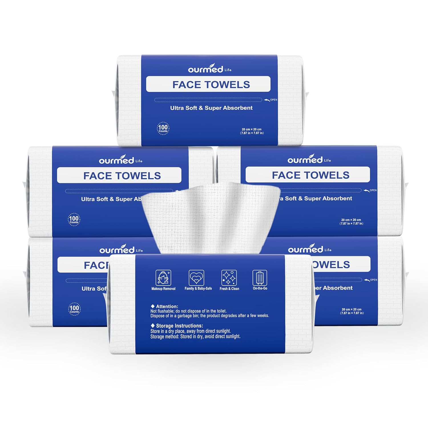 Ourmed Life Face Towels, Disposable Biodegradable Clean Facial Wash Cloth for Sensitive Skin, Lint- free Facial Towels for Cleansing, Skincare and Makeup Remover, Dry Wipes,600 Count,EF texture