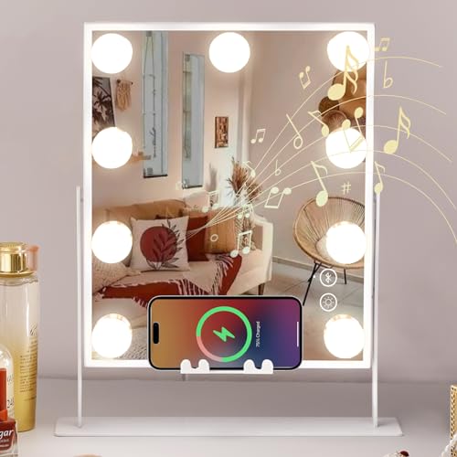 COOLJEEN Vanity Mirror with Lights and Bluetooth, Wireless Charging Lighted Vanity Mirror with Phone Stand, 9-Bulb 3 Color Lighting Tabletop Lighted Makeup Mirror, 360Rotation